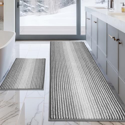 BSICPRO Bathroom Rugs Sets 2 Piece, Non Slip Striped Bath Mats, Gray by BSICPRO