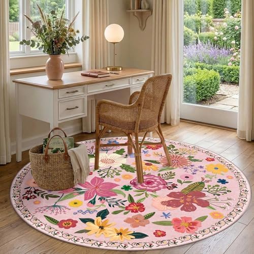 6ft Pink Round Area Rug for Girl Bedroom Washable Cute Circle Rug by LatteFog