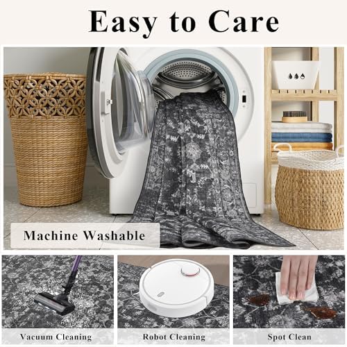 10x14 Washable Living Room Area Rug Non-Slip Retro Black Large Carpet - Image 5