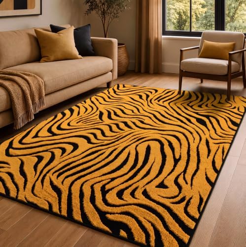 YIHOUSE Abstract Striped Area Rugs 5x7: Orange Washable Living Room Rug by YIHOUSE
