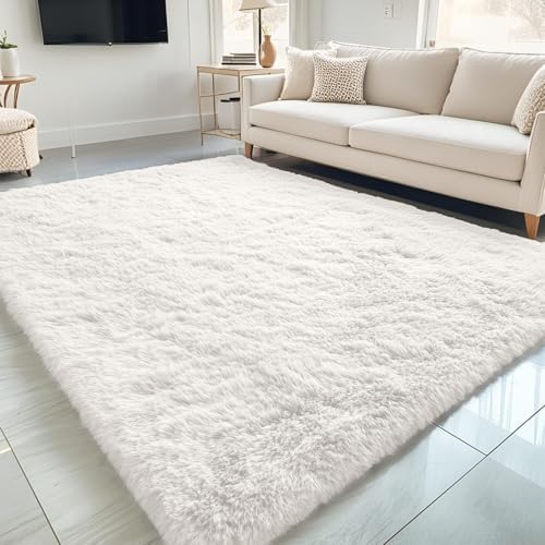 OLANLY 5x5 Area Rugs for Living Room Bedroom, Machine Washable Soft Fluffy Shaggy Bedside Rug, Indoor Floor Carpet for Kids Girls and Boys, Dorms, Nursery Rooms, Home Decor Aesthetic, Ivory by OLANLY