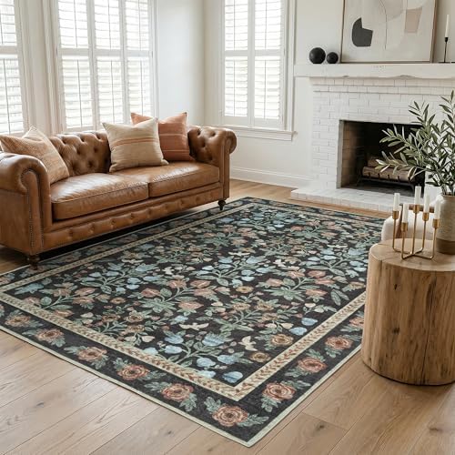 SparkleGaze Gold Black Floral Living Room Rug 5x7 Area Rug - Vintage Forest Washable Rug for Dining Room, Bedroom, Ultra Soft Low Pile Non Slip Stain Resistance Distressed Boho Farmhouse Flower Carpet - Image 6