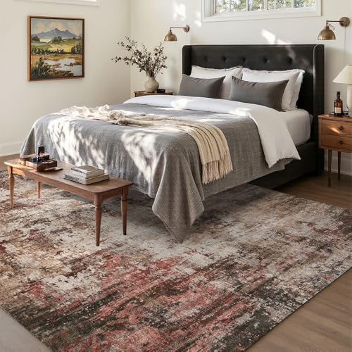 9x12 Rust Red Multi Washable Area Rug for Living Room, Vintage Print - Image 2