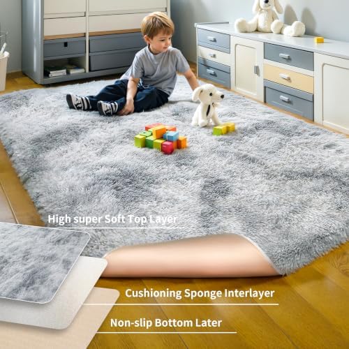 6x9 Thick Tie-Dye Gray Shag Rug for Bedroom, Soft Plush Fluffy Carpet - Image 4