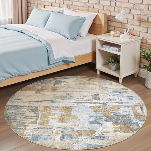 kakania Abstract 5x5 Round Rugs for Living Room: Circle Rugs 5FT Blue Gold - Image 3