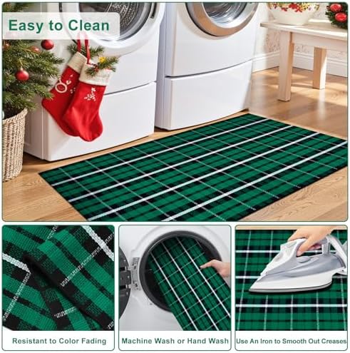 OJIA Christmas Front Door Mat Outdoor 24"x36" Green Plaid Rug Porch Decor - Image 5