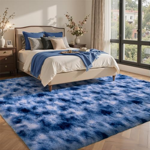 5x7 Ft Blue Shag Rugs for Bedroom Living Room Decor, Ultra Soft Fluffy Furry Area Rug for Indoor Floor, Aesthetic Carpet for Nursery Dorm Home Decor - Image 3