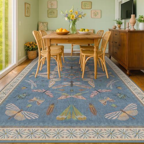 Hazo Haus 6x9 Blue Floral Rug for Dining Room Table - Area Rugs for Living Room, Bedroom, Insect Moth Art Nouveau Décor, Washable Lightweight Foldable Non Slip by HazoHaus