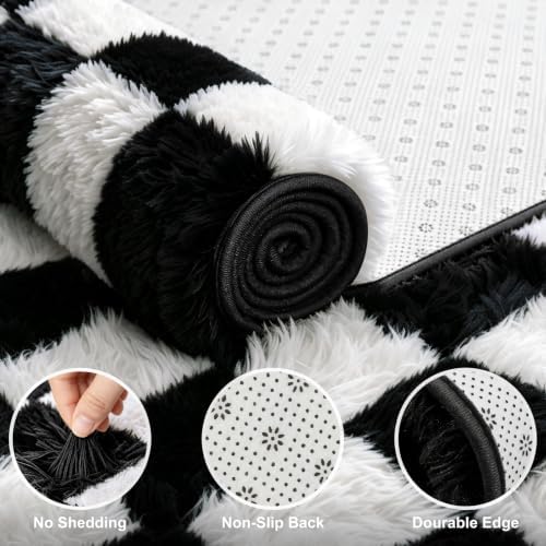Area Rugs for Bedroom Living Room,5x8 Black and White Fluffy Soft Checkered Rug Fuzzy Shag Shaggy Carpet, Indoor Plush Floor Rugs for Teen Dorm Home Decor - Image 4