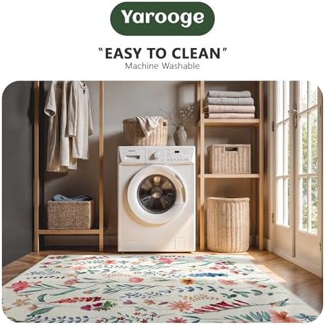 8x10 Area Rugs, Machine Washable Low Pile Floral Rugs for Living Room, Bedroom, Large Area Rug with Non-Slip Backing for Dining Room(Beige Floral) - Image 6