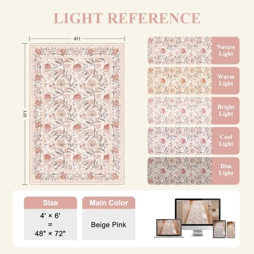 DUKINO 4x6 Area Rug, Washable Vintage Floral Rug for Living Room Beige Pink - Image 2