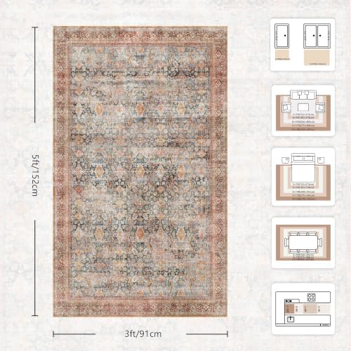 3x5 Entryway Rugs - Washable Vintage Retro Rug, Soft Ultra Thin Non Slip Low Pile Traditional Distressed Boho Carpet for Bedroom Kitchen Dining Living Room Home Office Dorm, Rust Clay - Image 2