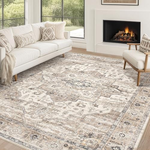 Area Rug 12x15 Washable Vintage - Soft Traditional Rugs for Living Room Large Non Slip Backing with Low Pile Farmhouse Oriental Retro Carpet for Bedroom Dining Room or Home Office - Tea Brown by ZUNTKON