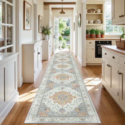 RELEANY Washable Area Rug, Runner 3'x20', Beige/Carbon Grey/Orange by RELEANY