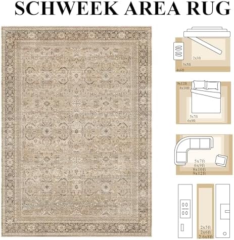 Schweek 6x9 Area Rug Khaki Washable Vintage Distressed Living Room Rugs - Image 2
