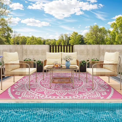 Bsmathom Waterproof Outdoor Rug 8'x10' Reversible Boho Plastic Straw Patio Deck Camping Rugs, Indoor Outdoor Portable RV Mat Clearance Carpet for Outside, Porch, Balcony, Backyard, Beach, Pool,Pink - Image 3