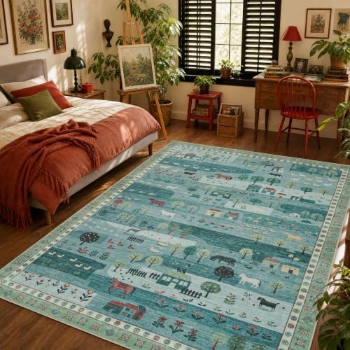 Machine Washable Area Rug 6x9, Soft Whimsical Rug, Vintage Farmhouse Green - Image 4