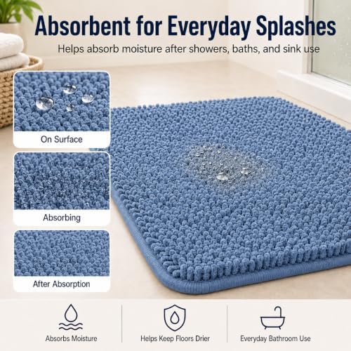 Blue Bathroom Rugs Chenille Bath Mats Set 2 Piece Extra Soft and Absorbent Shaggy Rugs, Machine Wash and Dry, Perfect Plush Bath Mats for Tub, Shower, Bathroom ​Decor, Washable Carpets Set - Image 5