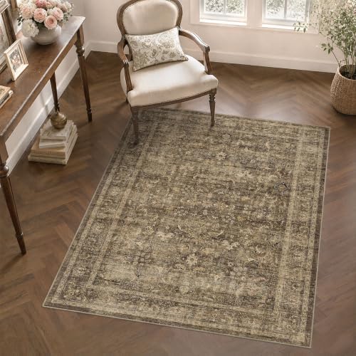 4x6 Washable Bedroom Area Rug Non-Slip Vintage Brown Throw Carpet - Image 4