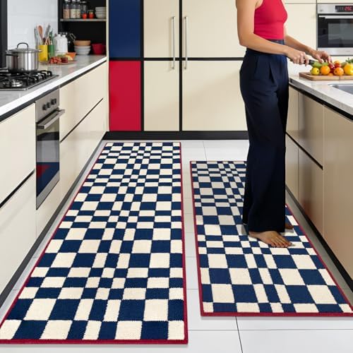 hicorfe Checkered Kitchen Rugs,Set of 2 Non Slip Kitchen Mats for Floor by Hicorfe