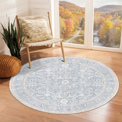 OPPODREAM Vintage Light Blue Area Rugs 4' Round, Rug for Living Room by OPPODREAM