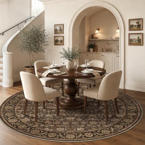 Washable 6ft Round Living Room Non-Slip Rug Retro Brown Throw Carpet - Image 2