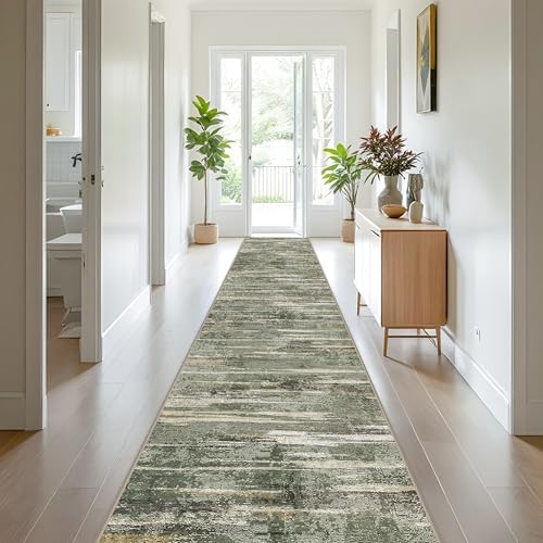 Washable 3x20 Hallway Runner Rug - Extra Long Modern Abstract Kitchen Rugs with Non Slip Backing Soft Low Pile Living Room Bedroom Carpet Durable Indoor Home Decor Floor Mat for Bathroom 3x20 Green by YOUFORTONG