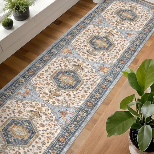 KUTA Extra Long Runner Rug for Hallway 2.6x18 Ivory Blue Vintage Washable - Image 3