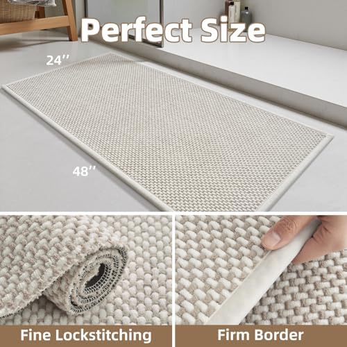 PADOOR-Bath Mat Runner-Super Absorbent Chenille Bathroom Mats-Rubber Backed Bath Mats for Bathroom Non Slip, Easy Clean Bathroom Runner Rugs Front of Bathtub,Shower Room,Sink-24×48, Beige&Cream - Image 2