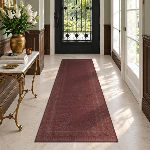 2x6 Hallway Runner Rug, Vintage Non-Slip Washable Muted Burgundy Distressed Rug for Bathroom & Kitchen, Low Pile Stain Resistant Floor Carpet, Traditional Farmhouse Décor by TALANOVA
