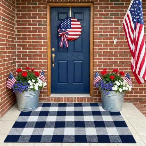 SEEKSEE Buffalo Plaid Outdoor Rug 27.5x43 Navy Blue and White Front Door Mat, Layering Rug for Porch, Washable Doormat, Front Porch Rug for Outdoor Entrance Entryway Patio Porch Decor - Image 4