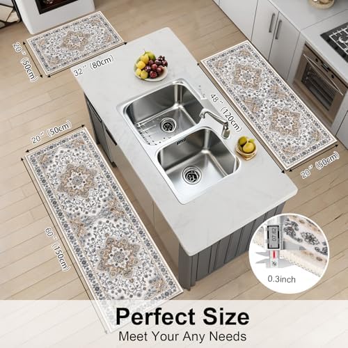 HEBE Boho Kitchen Rugs Set of 3, Non Slip Washable Kitchen Mats for Floor - Image 2