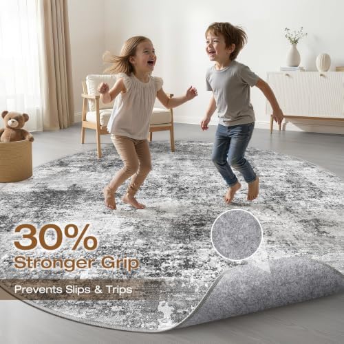 LOONGRUG Round Rug 7x7 Washable Neutral Modern Living Room Rug Black Gray - Image 3