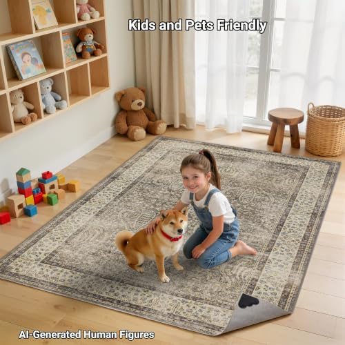 RCTJHOME 4x6 Brown Vintage Oriental Washable Area Rug Non-Slip Soft Carpet - Image 4