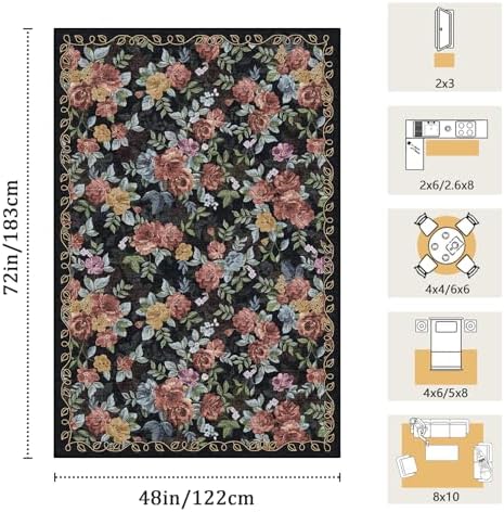 Washable 4x6 Area Rug, Navy Boho Floral Non-Slip for Kitchen, Entryway - Image 2