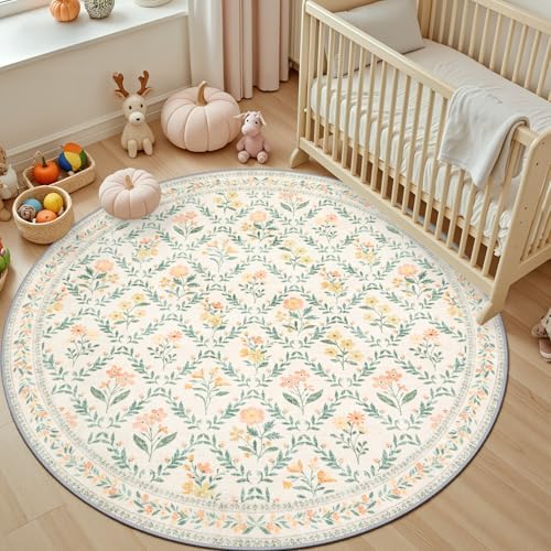 PLHXFR Round Area Rug Living Room: 6 ft Floral Washable Carpet Beige Multi - Image 5
