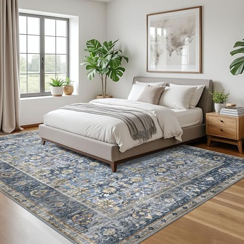 KUTA Vintage Floral 9x12 Area Rug Blue Grey Beige Large Washable Rugs - Image 2
