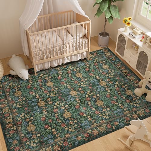 DUKINO 8x10 Area Rugs, Vintage Floral Washable Rug for Living Room, Green - Image 5