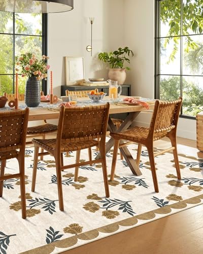 Beige 5x8 Living Room Area Rug - Washable Boho Floral Scalloped Bedroom Rug Stain Resistant Dining Room Rugs for Under Table Non Slip Cottage Farmhouse Rugs for Living Room Nursery Foyer Decor - Image 6