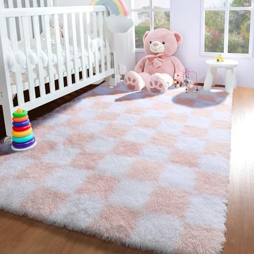 KICMOR Light Pink and White Rugs for Bedroom Girls, 4x6 Fluffy Fuzzy Checkered Shag Area Rug Shaggy Bedside Carpet, Soft Plush Cute Rug for Toddler Kids Baby Nursery Teen Dorm Living Room Home Decor - Image 5