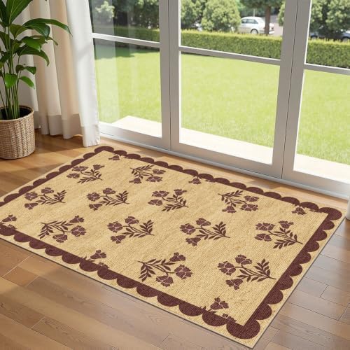 3x5 Floral Entry Rug - Small Washable Indoor Outdoor Mats for Front Door Non-Slip Jute-Look Porch Rug Boho Burgundy Scalloped Throw Rugs for Living Room Bedroom Entryway Kitchen Porch Decor by Othilic