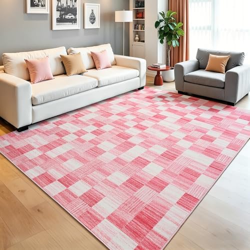 Terrug Pink and White Checkered Rug for Living Room, 5x7 Soft Area Rugs by TerrugHomeDecor