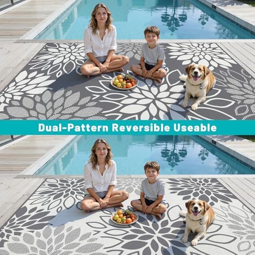 HEBE Waterproof Outdoor Rug 9'x12', Floral Reversible Plastic Patio Rug - Image 4