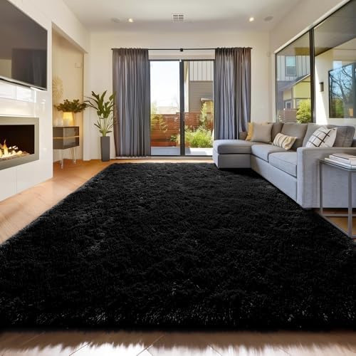 Amdrebio Black Furry Large Area Rug 8x10 for Living Room Men Bedroom Carpet by Amdrebio