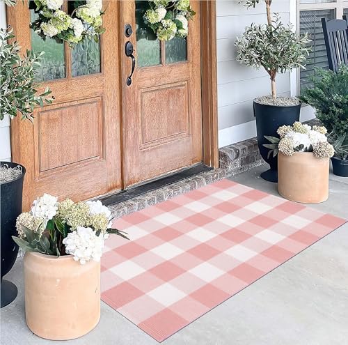 Pink White Layered Doormat 27.5"x43.3"Washable Buffalo Plaid Outdoor Rug by BUAGETUP