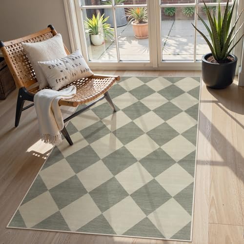 Beeiva Checkered Print Bedroom Area Rug 3x5, Non Slip Ultra Thin Washable Entryway Rug Low Pile Soft Bathroom Rugs Green, Moroccan Farmhouse Trellis Throw Rugs for Kitchen Office Kids Room by Beeiva