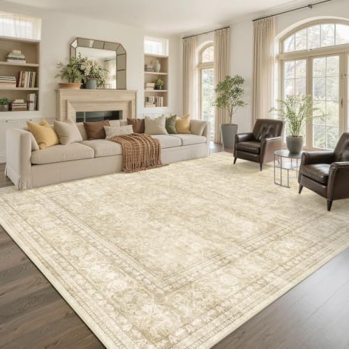 9x12 Ft Extra Large Area Rugs for Living Room, Soft Non-Slip Machine Washable Rug, Vintage Stain Resistant Carpets for Bedroom Nursery Dining Room Home Decor (Beige) by Lo%CC%80utiRootHome