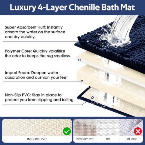 ACCUMTEK Striped Navy Blue Toilet Bathroom Rug Mat Set 2 piece Rug Ultra Soft, Non Slip Chenille Bath Rugs, Absorbent Plush Shaggy Bath Mats for Bathroom, Bedroom, Kitchen, Shower, Tub - Image 5