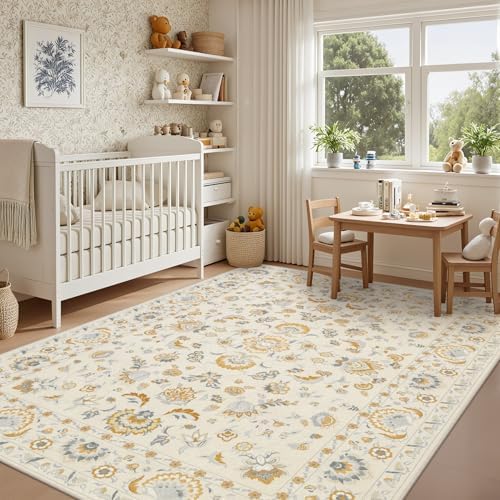 5x7 Area Rug Living Room: Soft Floral Washable Boho Carpet Beige - Image 4