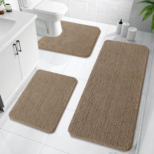 OLANLY Chenille Bathroom Rugs Sets 3 Piece, 47"x20"+24"x16"+24"x20", Tan by OLANLY